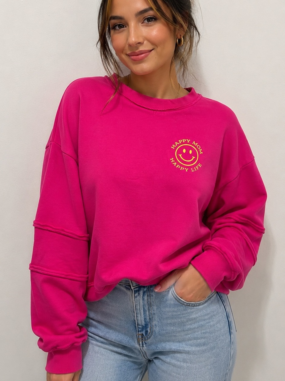 Hot Pink Happy Mom Happy Life Sweatshirt 2XL Oversized Cozy Pullover